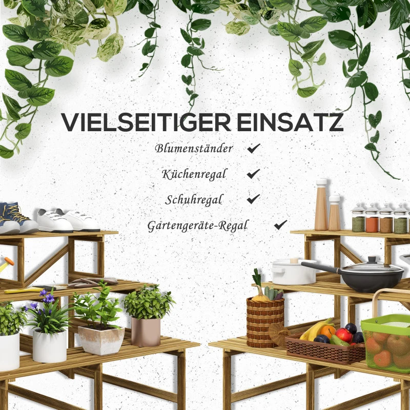 Outsunny Pflanzentreppe, Blumentreppe, Blumenregal, Pflanzregal, Blumenständer, 3 Stufen, Tannenholz, 120 x 80 x 78cm