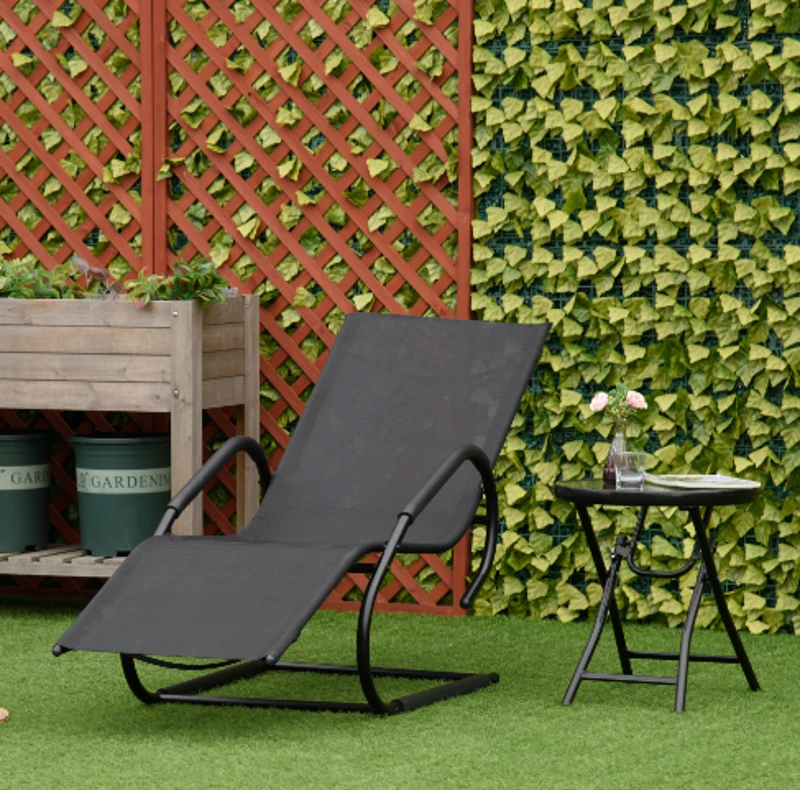 Outsunny Tumbona de Jardín Ergonómica con Reposacabezas Reposapiés y Reposabrazos Mecedora Tapizado en Tela Texteline Transpirable para Exterior Terraza Patio 160x59,5x83 cm Gris