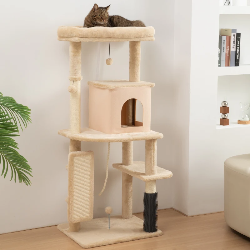 PawHut Árbol Rascador para Gatos 132 cm con Plataformas Poste con Cepillo Bolas Colgantes y Almohadilla para Rascar Beige