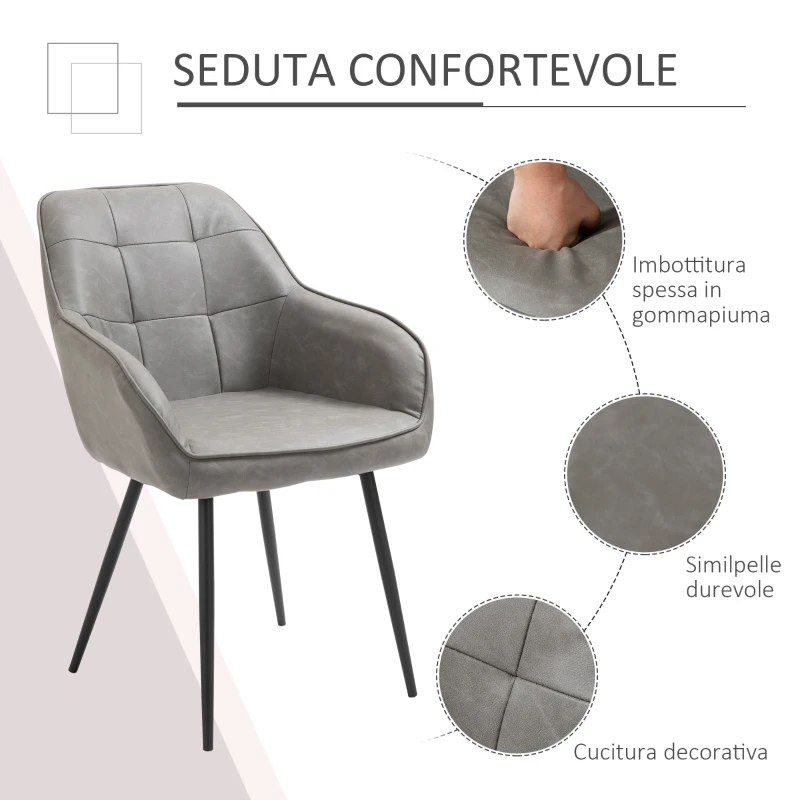 HOMCOM Sedia da Pranzo in Stile Industriale con Schienale, Sedia da Soggiorno Moderna in  Finta Pelle e Metallo Nero, 61x58x84 cm, Grigia