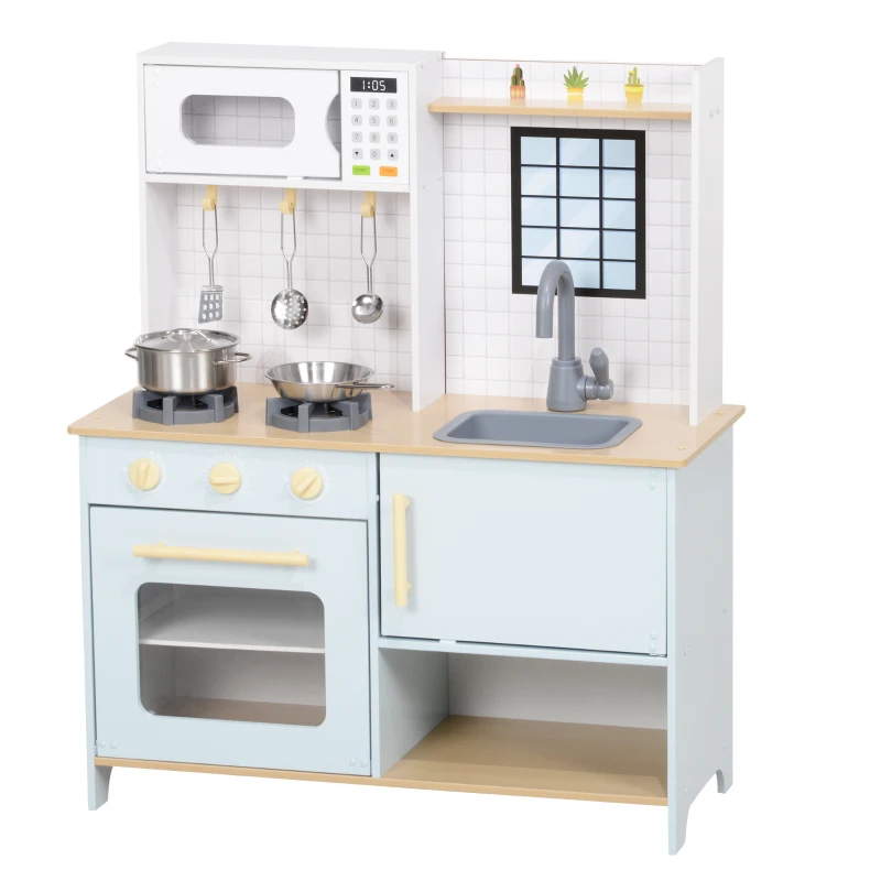 AIYAPLAY Cucina Giocattolo per Bambini con Fornelli e Armadietti, in Acciaio, Legno e PP, 72x33x85.2 cm, Blu e Bianco