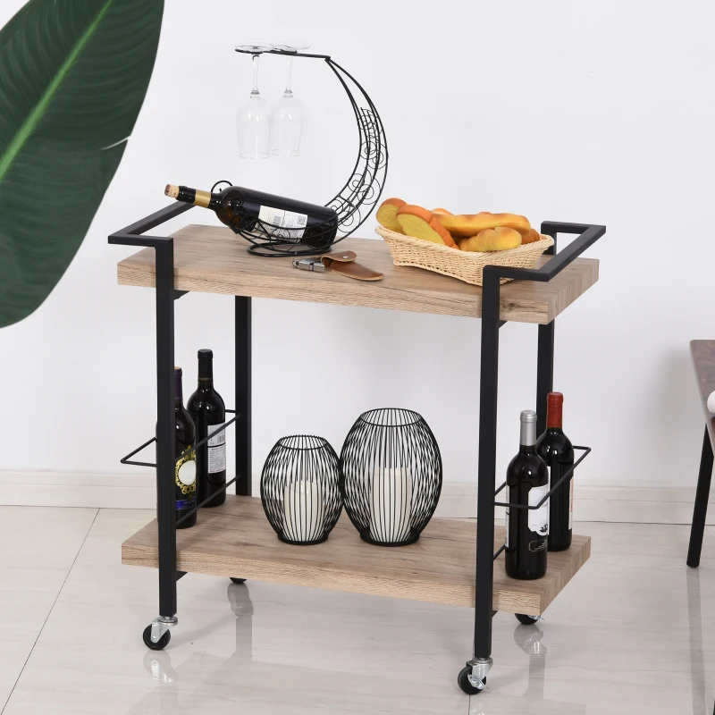 HOMCOM Chariot de service desserte Vintage style industriel 2 étagères 2 range-bouteilles métal noir panneaux cellulaires imitation bois chêne clair