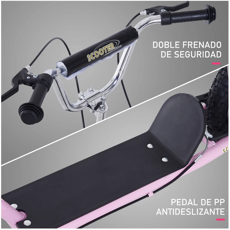HOMCOM Patinete 135x58x92-100 cm 2 Ruedas 16/12 pulgadas con 2 Frenos Scooter + Caballete Rosa