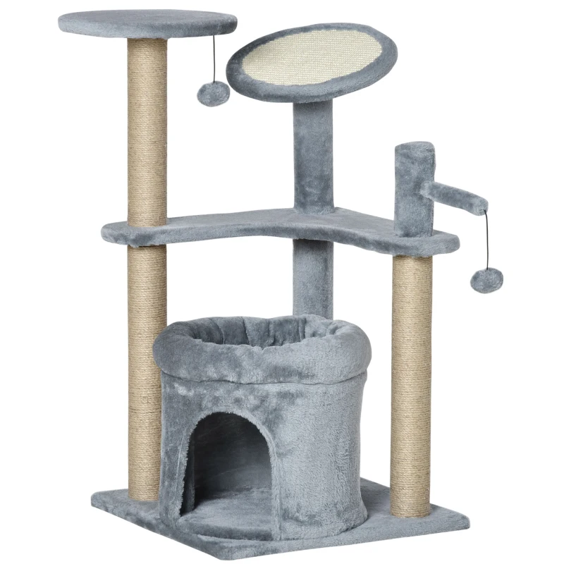 PawHut 87 cm Cat Tree for Indoor Cats, Kitten Tree Tower with Scratching Posts Pad, Cat Condo, Plush Perches, Hanging Ball - Grey