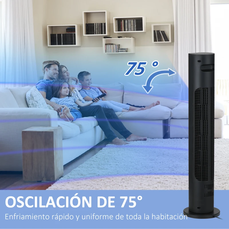 HOMCOM Ventilador de Torre con Mando a Distancia Oscilación de 75° Temporizador 3 Velocidades 3 Modos Ø18x78,5 cm Negro