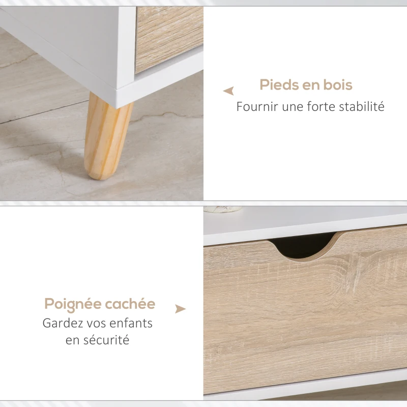 HOMCOM Meuble TV Bas sur Pieds Style scandinave 2 tiroirs Coloris chêne Clair Blanc