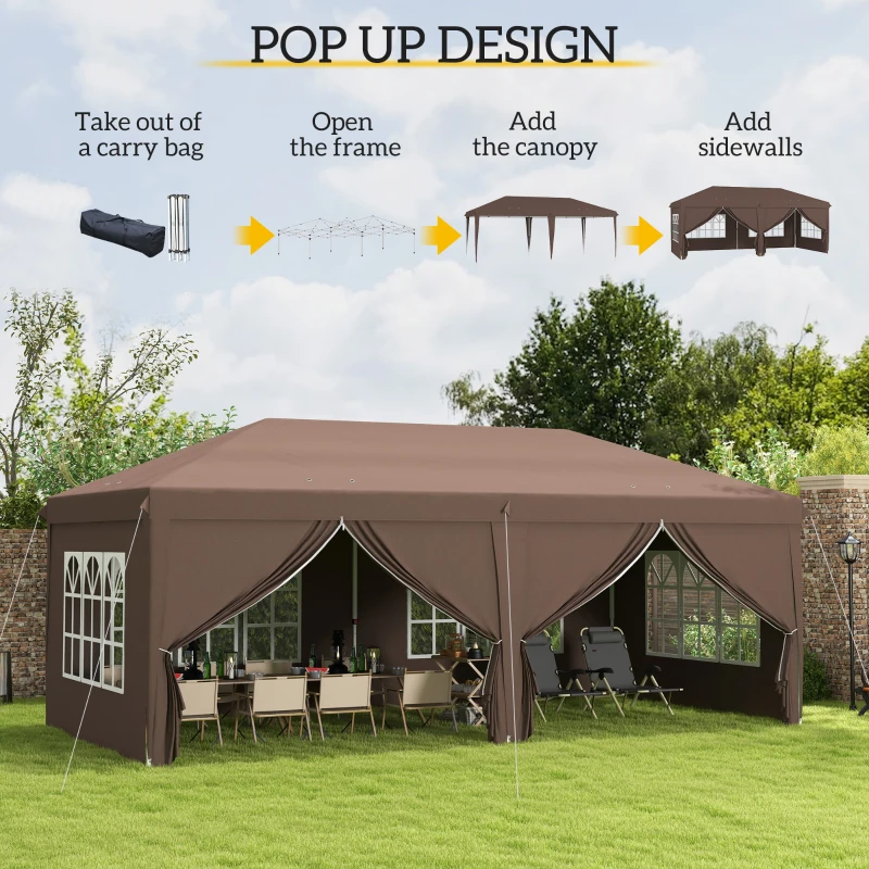 Outsunny 3 x 6 m Pop Up Gazebo with Sides and Windows, Height Adjustable Wedding Camping Party Tent Canopy Marquee with Storage Bag for Garden, Event, Brown