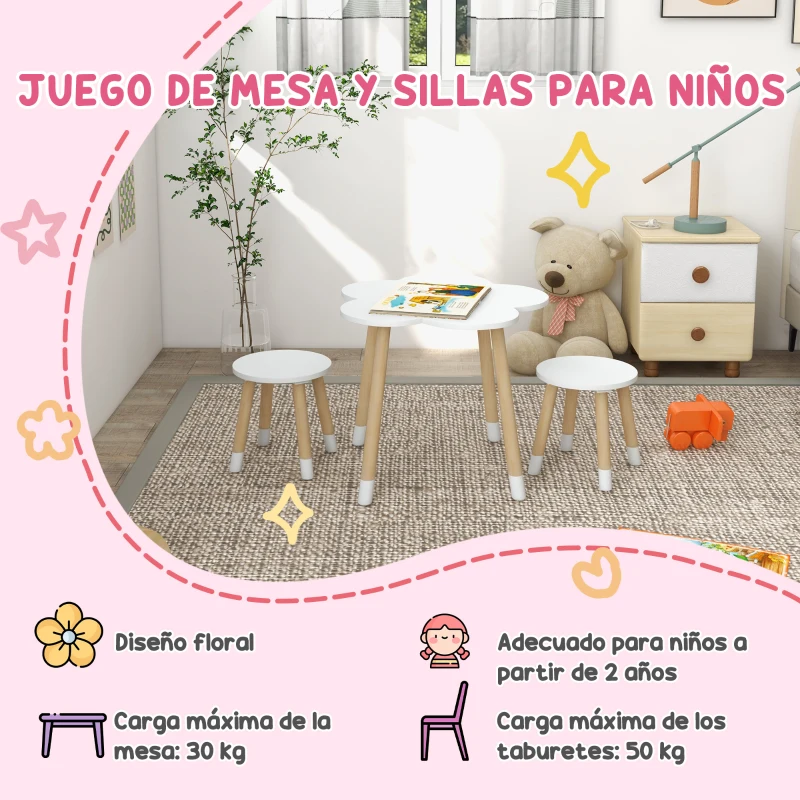 ZONEKIZ Mesa con 2 Sillas para Niños de 2-5 Años con Mesa en Forma de Flores Ø59x50 cm y Sillas Ø28x26 cm Blanco y Natural