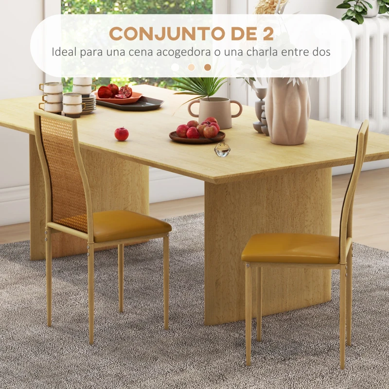 HOMCOM Juego de 2 Sillas de Comedor con Respaldo de Ratán PE Asiento Tapizado de Cuero PU y Patas de Acero 40x50x97 cm Ocre