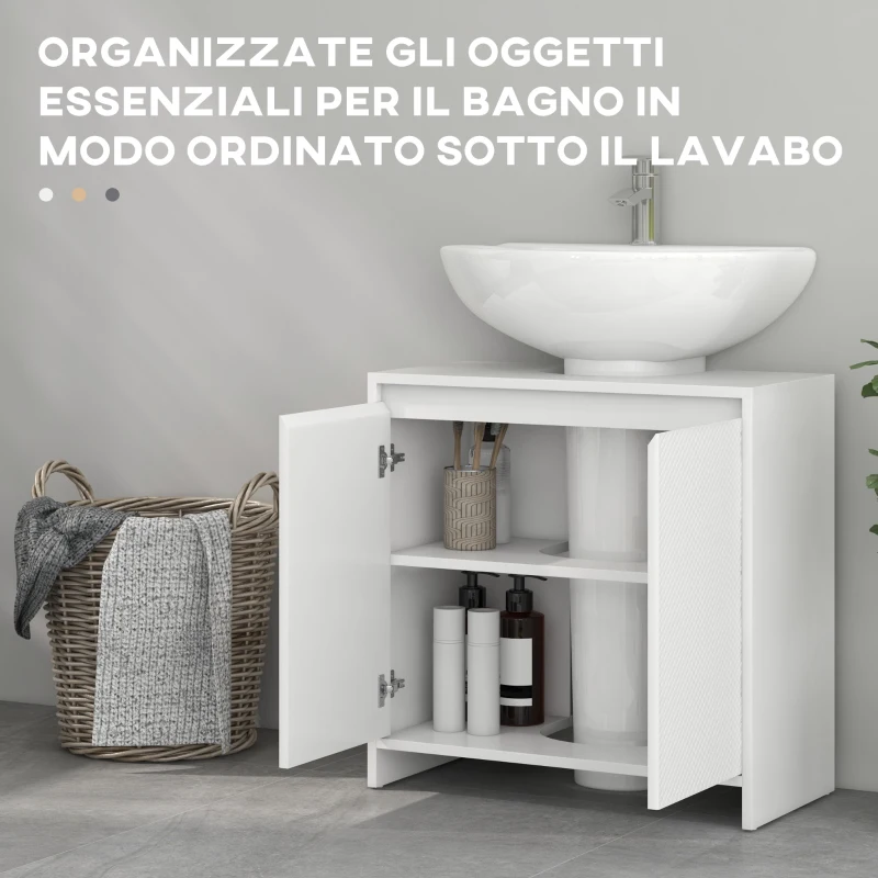 HOMCOM Mobile Sottolavabo Bagno con 2 Ante Decorate e Intaglio a U per Tubi, 60x30x60cm, Bianco