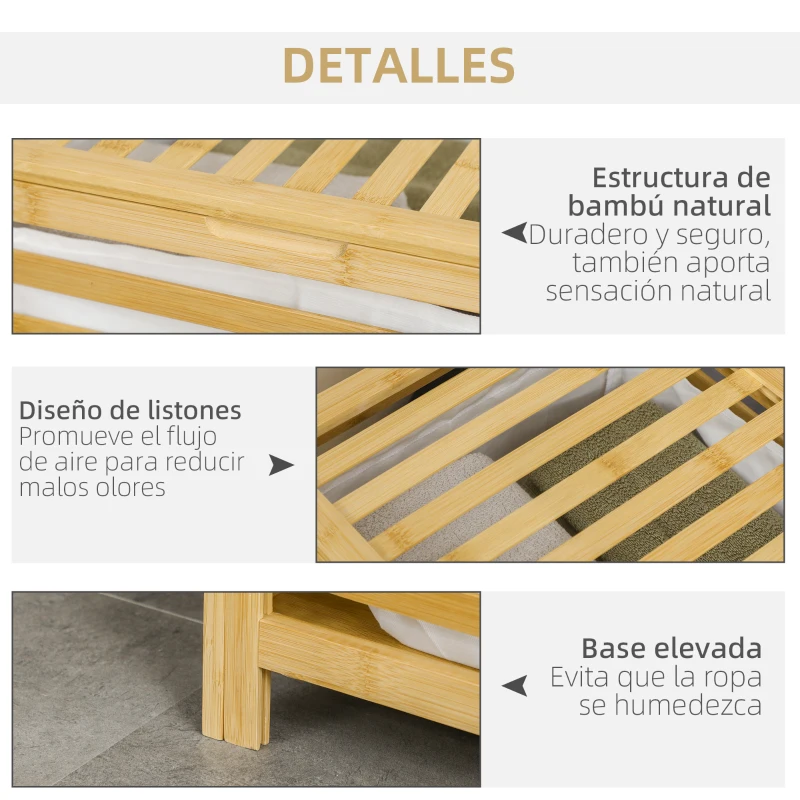 HOMCOM Cesta para la Colada de Bambú Capacidad de 55L Cesto para Ropa Sucia con 2 Asas y Bolsa Extraíble 50x36x60 cm Natural
