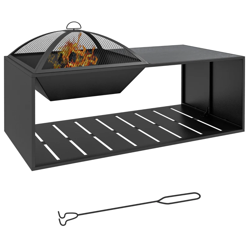 Outsunny 2 in1 Feuerschale, Tischplatte mit Keramikfliesen, Schürhaken, rostfrei, 101 x 51 x 56 cm, Schwarz(m-10)