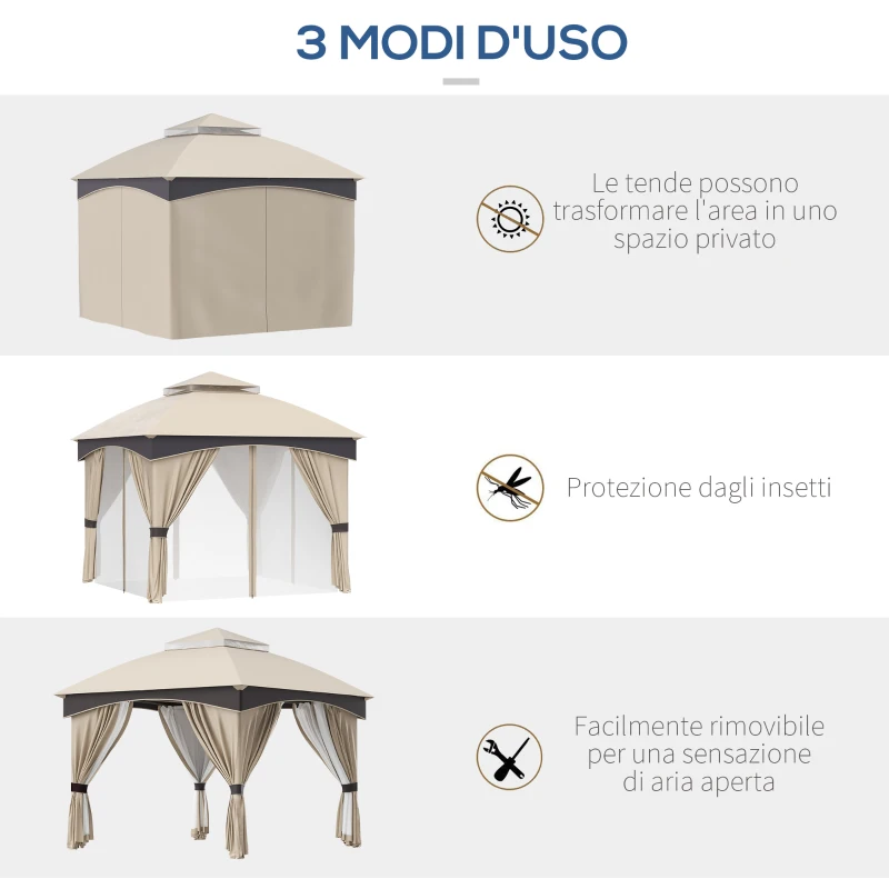 Outsunny Gazebo da Giardino 3x3m in Acciaio con Doppio Tettuccio e Tende, Beige e Grigio