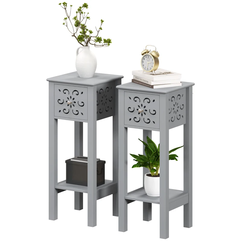 HOMCOM Set of Two Elegant Floral Cut-Out Side Tables - Grey