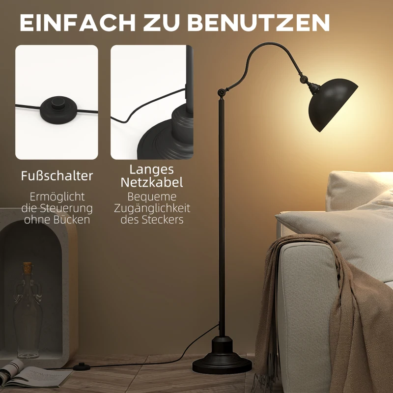 HOMCOM Stehleuchte im Vintage-Design, verstellbarer Winkel, Metall, 42 x 25,5 x 152 cm, Schwarz