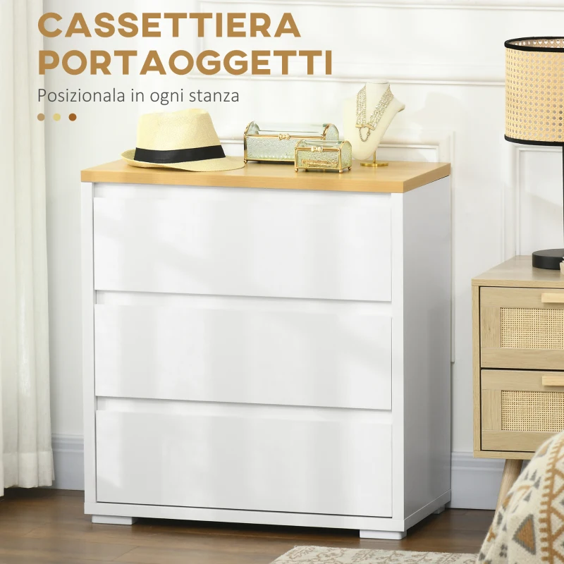 HOMCOM Cassettiera a 3 Cassetti in Truciolato Bianco per Camera da Letto, Studio e Soggiorno, 70Lx37x75cm
