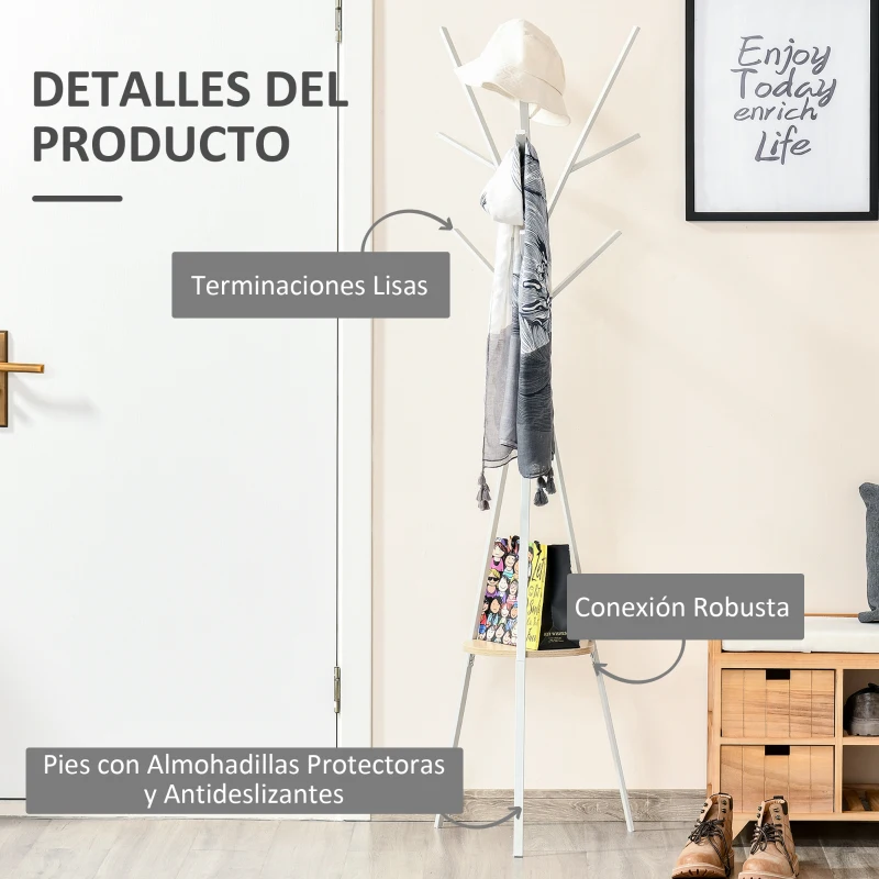 HOMCOM Perchero de Pie Forma de Árbol Perchero para Ropa de Metal con 9 Ganchos y Estante Perchero Vintage 45x45x180 cm Blanco