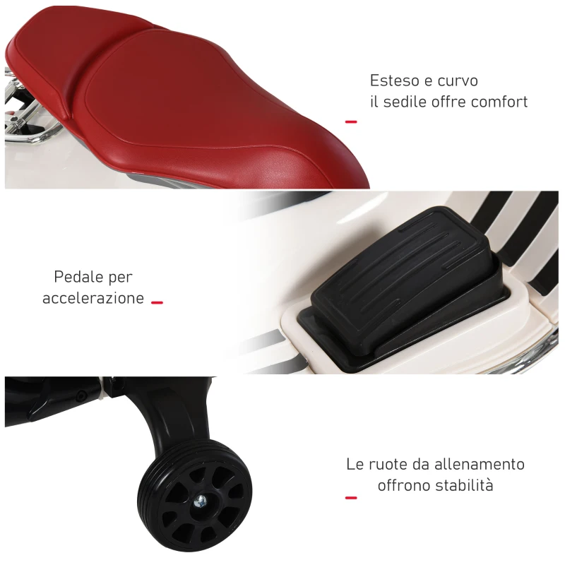HOMCOM Moto Elettrica per Bambini con Licenza Ufficiale Vespa, 2 Rotelle, Luci e Suoni, 108x49x75 cm, Bianca