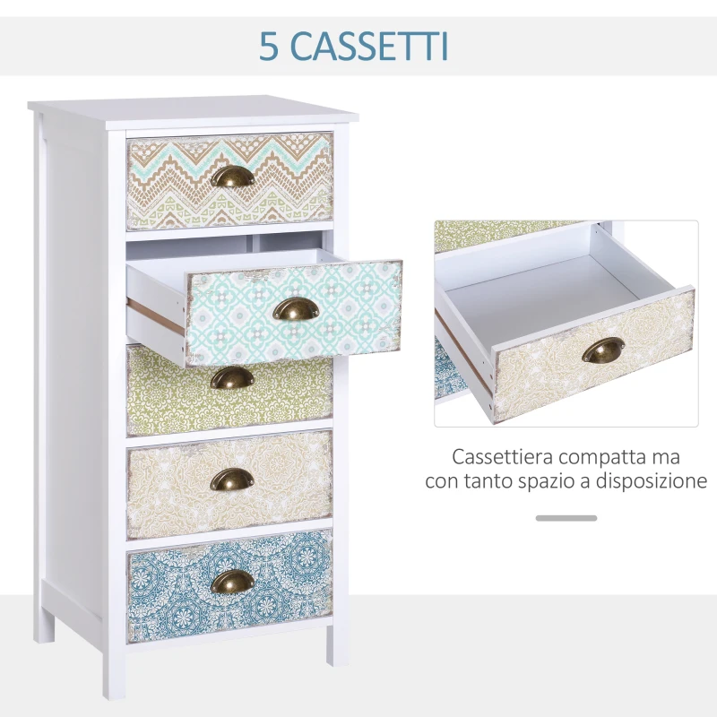 HOMCOM Cassettiera Mobiletto Vintage con 5 Cassetti Stile Shabby Bagno, Ingresso, Camera 46 × 34 × 97.5cm Bianco