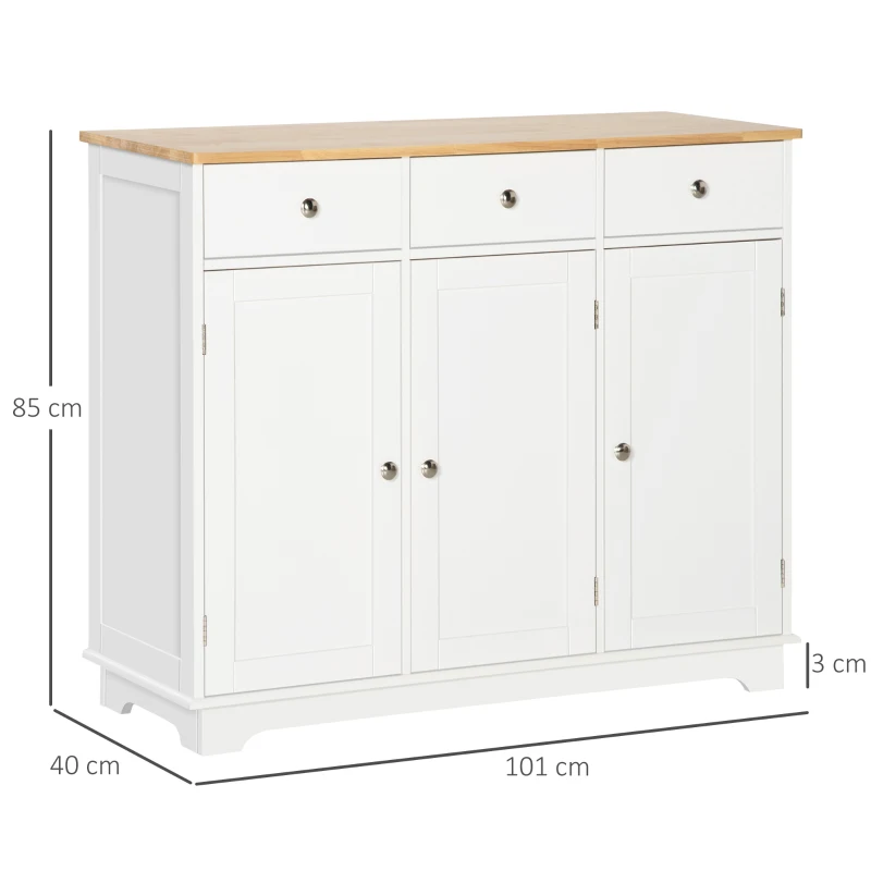 HOMCOM Sideboard with Rubber Wood Top, Modern Storage Cabinet, Kitchen Cupboard with 3 Doors, 3 Drawers and 3 Adjustable Shelves for Dining Room, Living Room, White