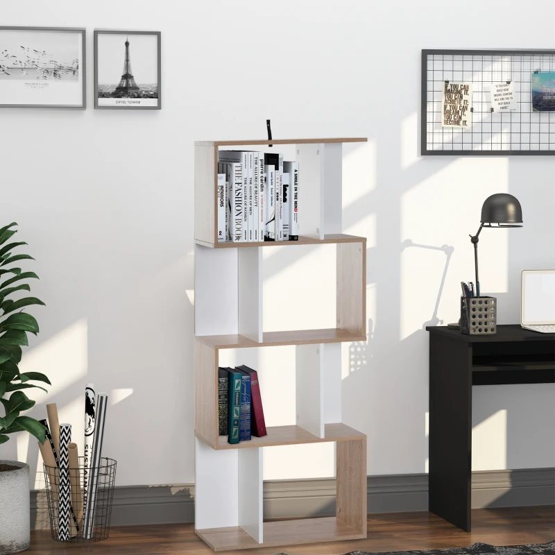 HOMCOM Estantería Librería 4 Estante Estantería Alta Pared Estante de Exposición Forma S Diseño Moderno para Salón Oficina 60x24x148cm Madera