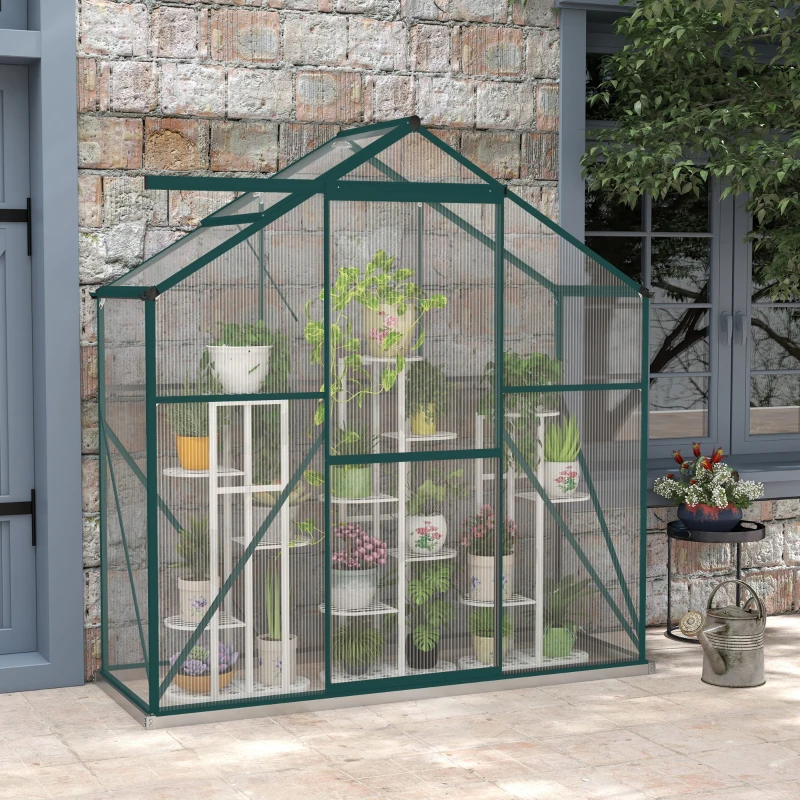Outsunny 6 x 2.5ft Polycarbonate Greenhouse Walk-In Green House with Rain Gutter, Sliding Door, Window, Foundation, Green