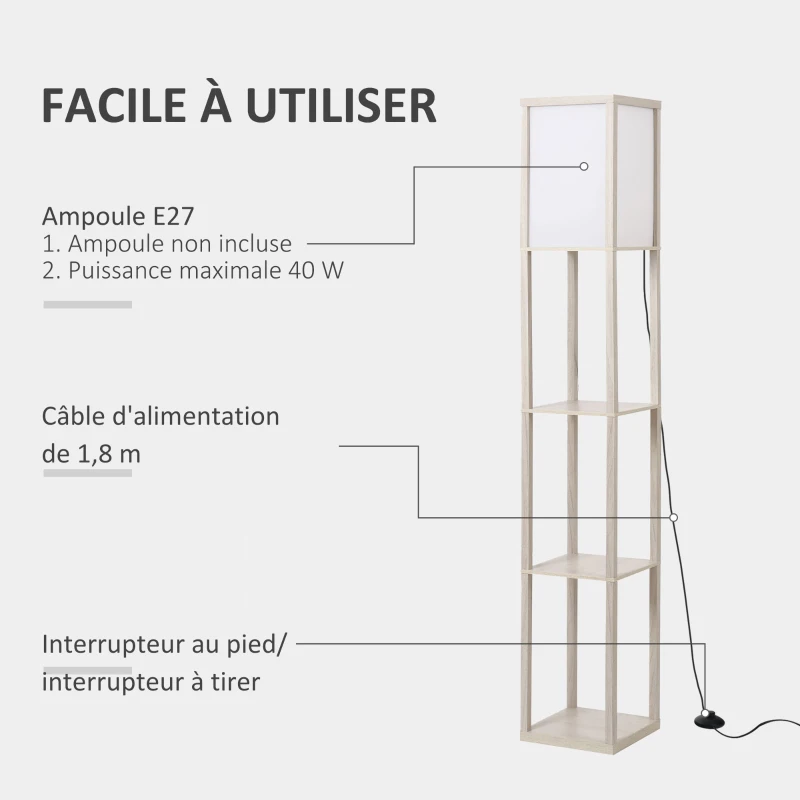 HOMCOM Lampadaire étagère 26L x 26l x 160H cm 3 étagères 4 Niveaux MDF Gris clair