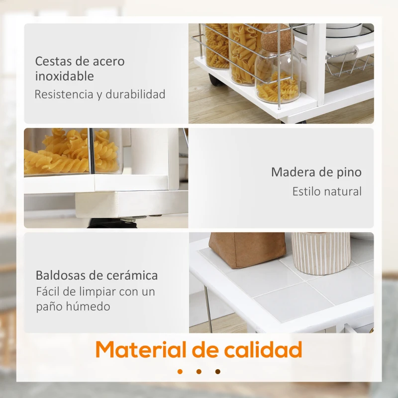 HOMCOM Carrito de Cocina con Ruedas Carrito Verdulero con Cajón Cestas y Estantes Laterales 57x37x83cm Blanco