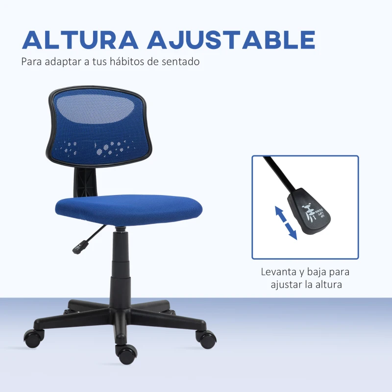 HOMCOM Silla de Oficina sin Brazos Silla de Escritorio Giratoria con Respaldo de Malla Transpirable Altura Ajustable Azul