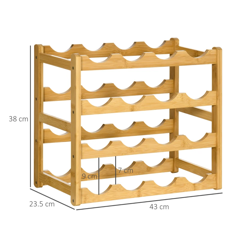 HOMCOM Scaffale Portabottiglie Vino a 4 Livelli per 16 Bottiglie in Legno di Bambù, 43x23.5x38cm