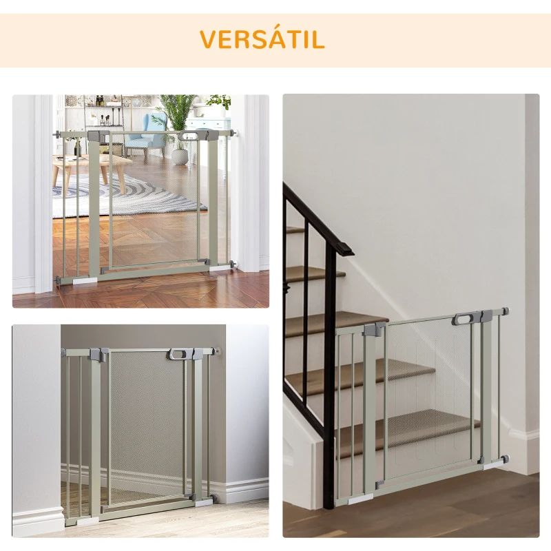 PawHut Barrera de Seguridad para Perros Extensible 75-103 cm Barrera Escaleras Puertas con 2 Extensiones Cierre Automático Gris