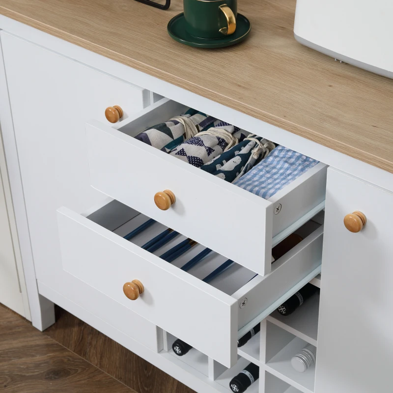 HOMCOM Aparador de Cocina Moderno con Cajones y Botellero Mueble Auxiliar para Comedor Salón 110x35x75 cm Blanco