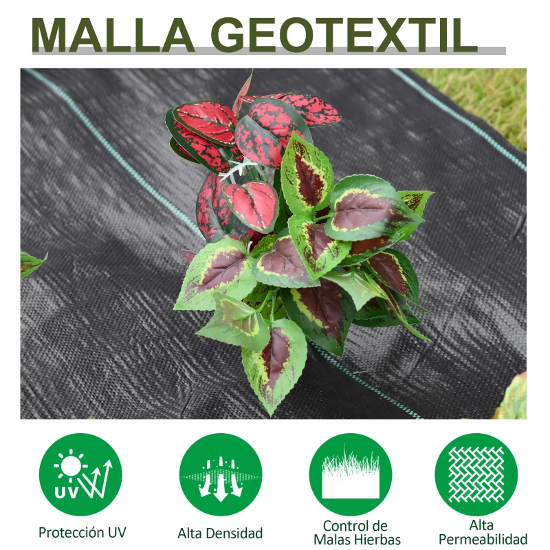 Outsunny Malla Antihierbas Malla Geotextil 1x50 m Malla de Jardín contra Malas Hierbas 100 g/m² Rollo de Malla Antimaleza Negro