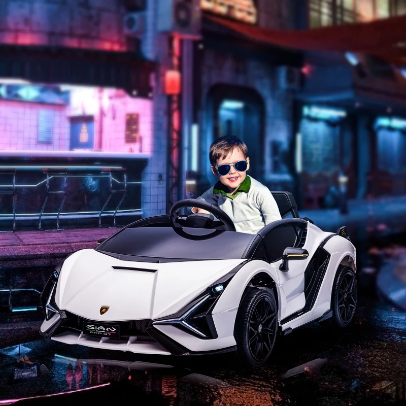 HOMCOM Voiture électrique Enfants de Sport Supercar sous Licence Lamborghini Sian 12 V - V. Max. 5 Km/h avec Télécommande 2,4G Effets sonores + Lumineux Blanc(m-2)