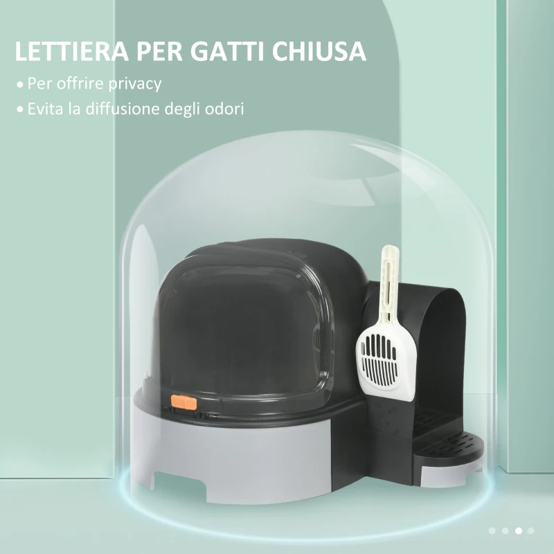 PawHut Lettiera per Gatti Chiusa con Coperchio, Vassoio Estraibile e Paletta, in PP e PC, 52x60x42 cm, Grigio Scuro