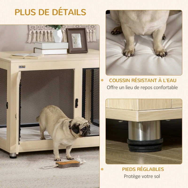 PawHut Cage pour chien sur pied avec coussin amovible acier noir et aspect bois - 94 x 60 x 71,5 cm coloris bois naturel