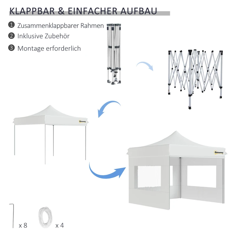 Outsunny Faltpavillon Pavillon Gartenzelt mit Seitenwänden Pop-up-Zelt wasserdicht Gartenpavillon Weiß 300 x 300 x 320 cm
