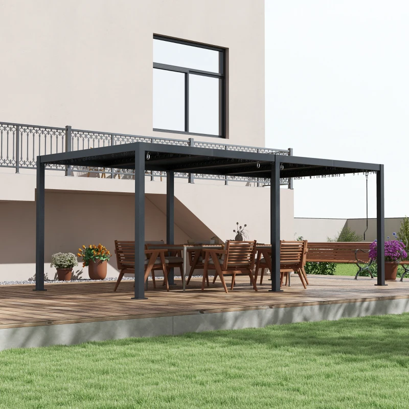 Outsunny Pergola 3 x 6 m  pergola d'extérieur tonnelle avec persiennes manivelle, toit réglable en aluminium crochets gris foncé