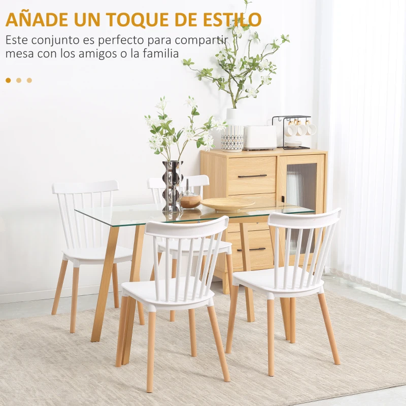 HOMCOM Juego de 4 Sillas de Comedor Estilo Nórdico con Respaldo de Polipropileno y Patas de Madera 48x52,5x83 cm Blanco