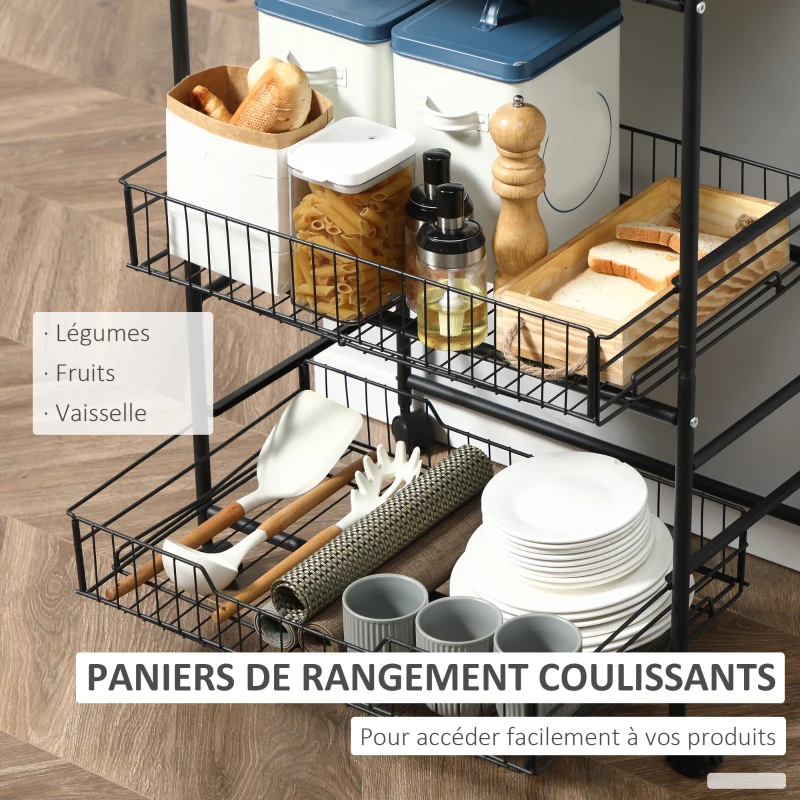 HOMCOM Desserte cuisine 3 niveaux, chariot de service, chariot de rangement à roulettes avec 2 paniers extractibles, étagère et crochets latéraux, 60 x 38 x 85,5 cm, noyer