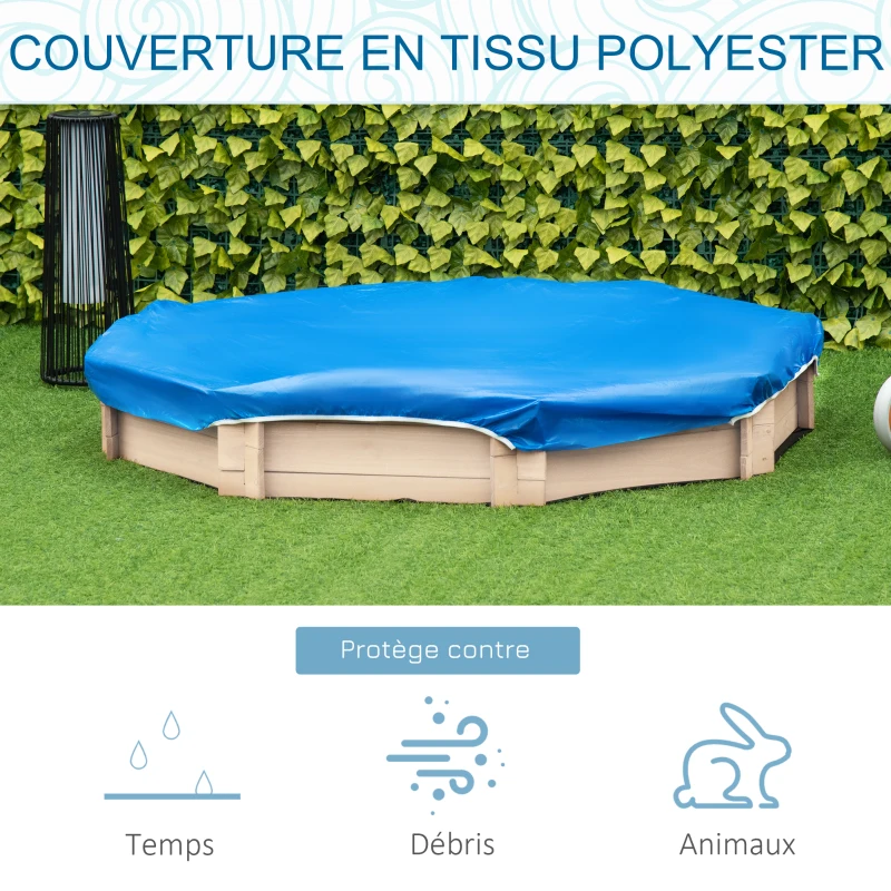 Outsunny Bac à Sable Bois octogonal dim. 139,5L x 139,5l x 21,5H cm - 4 bancs - bâche de Couverture, Non tissé de Sol Inclus