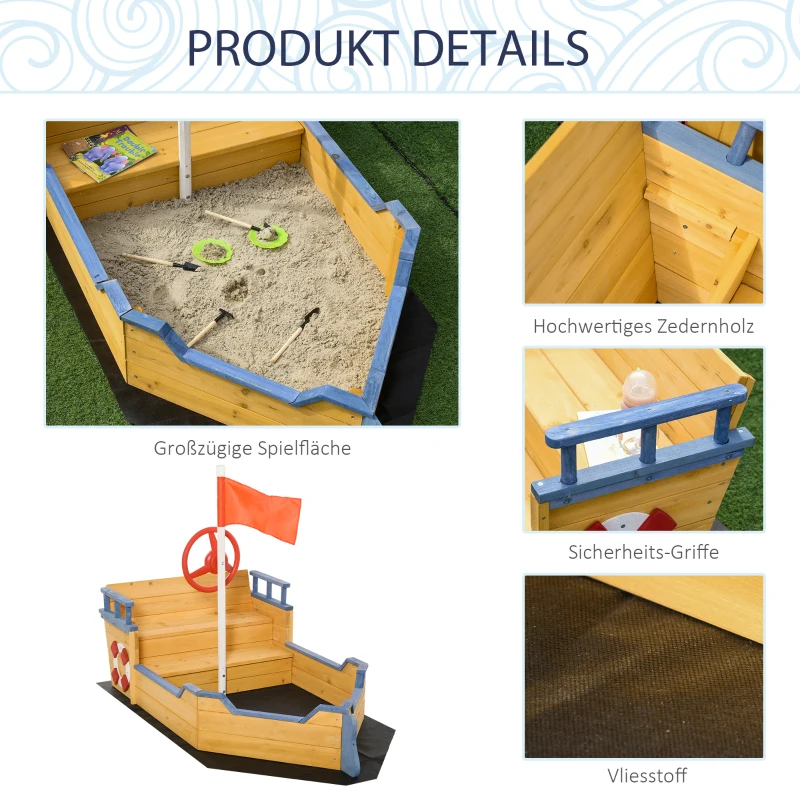 Outsunny Sandkasten Schaufel Sandkasten Sandkasten Schiff aus Tannenholz Segelschiff Piratenschiff Design groß für Kinder 3-6 Jahre Natur
