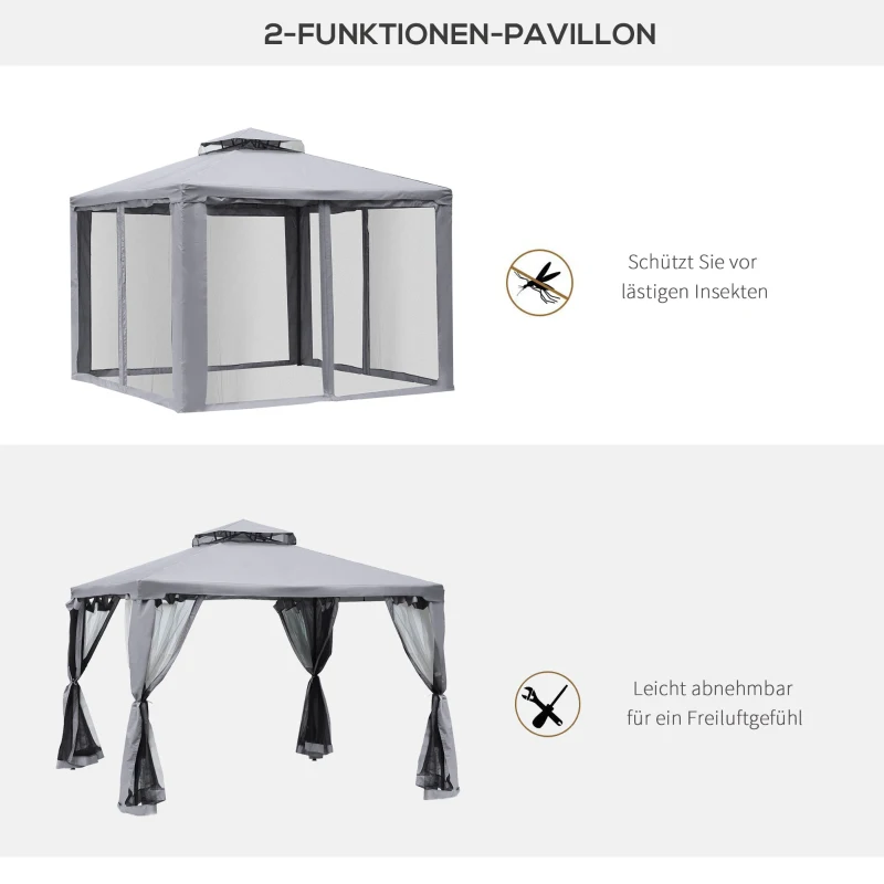 Outsunny Pavillon mit Doppeldach, 3x2 m Wasserdicht Stabil Winterfest Gartenpavillon mit Moskitonetz, Seitenteile, Garten-Pavillon aus Metall, für Garten, Terrasse, Hellgrau