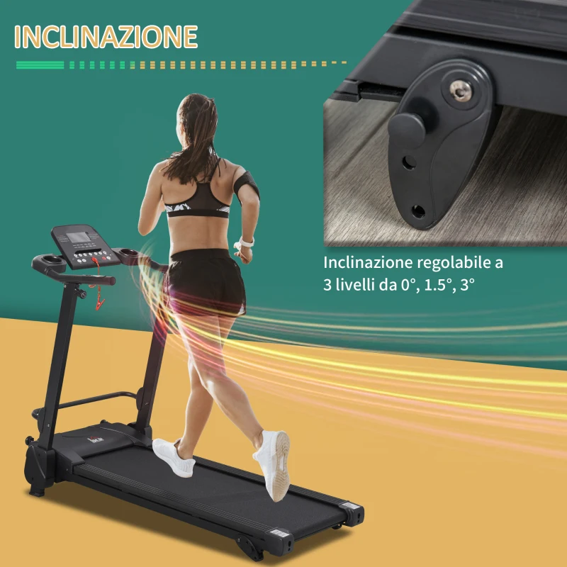 HOMCOM Tapis Roulant Elettrico Pieghevole Salvaspazio, Velocità 14km/h, Monitor LCD 5 Programmi e Presa USB, per Casa e Ufficio, Motore 750W, Nero