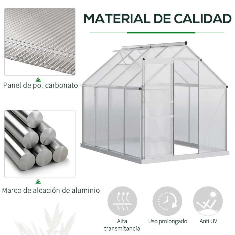 Outsunny Invernadero Policarbonato Aluminio de Jardín 190x253x199 cm 4,8m² Caseta de Exterior con Base Puerta Corredera y Tragaluce para Cultivo Plantas Semillas Transparente