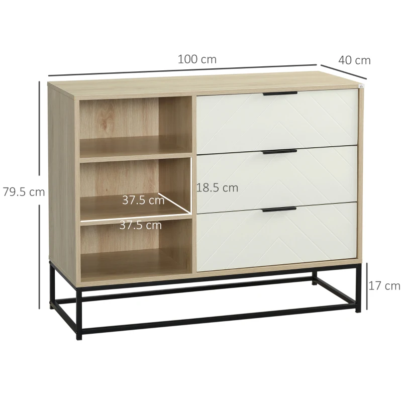 HOMCOM Credenza Moderna a Base Rialzata con 3 Cassetti e 3 Ripiani Aperti in MDF, Truciolato e Acciaio, 100x40x79.5 cm