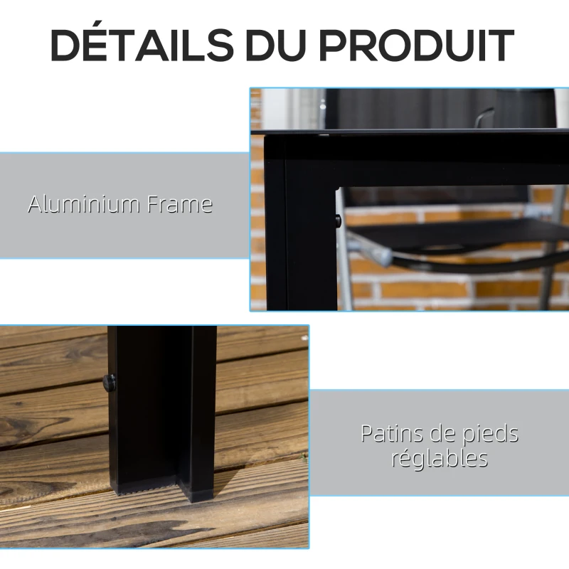 Outsunny Table de jardin rectangulaire en aluminium et plateau en verre trempé - 6 personnes 150 x 90 x 74 cm noir