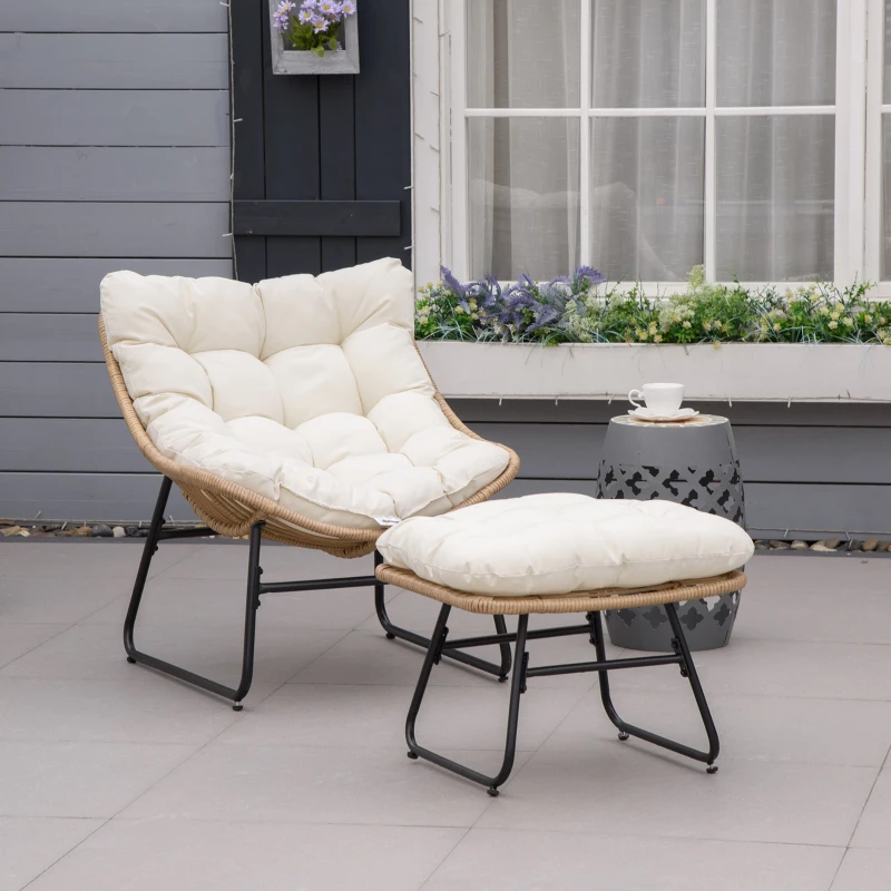 Outsunny Fauteuil chaise de jardin avec repose-pieds en métal époxy et résine tressée aspect rotin avec coussins moelleux - naturel