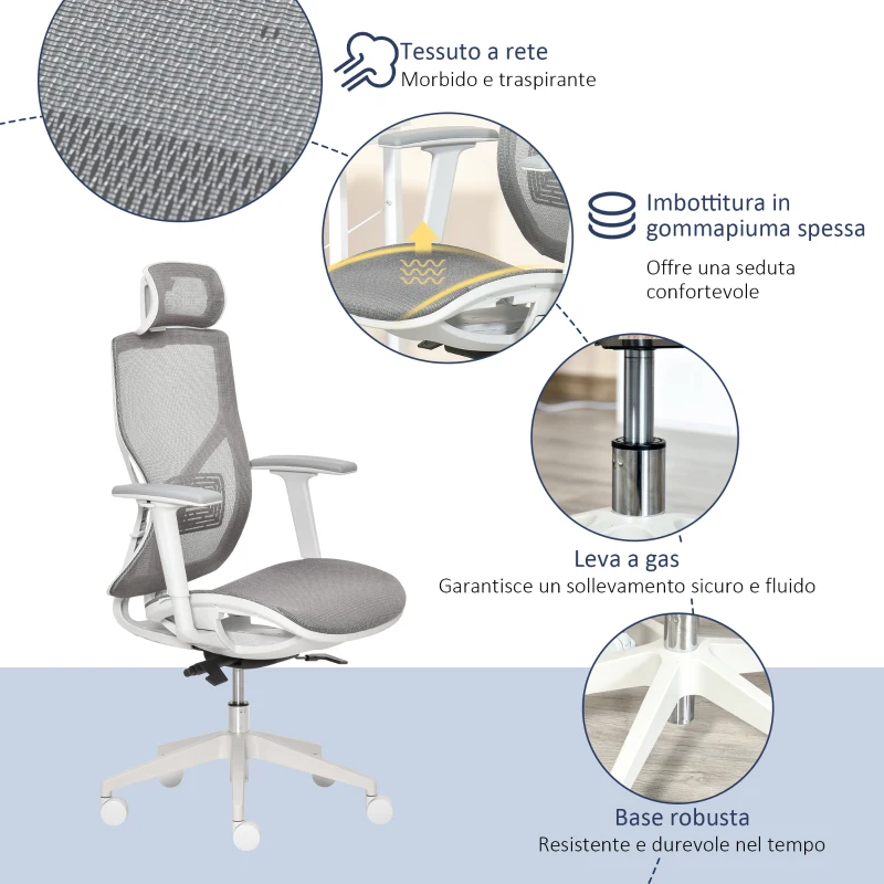 Vinsetto Sedia Ergonomica da Ufficio con Poggiatesta, Inclinazione e Altezza Regolabile, Poltrona Girevole Basculante con Ruote e Schiena in Rete, 67x65x120-128cm, Grigio