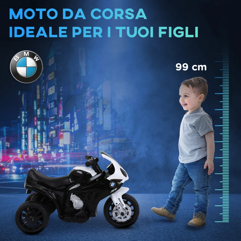 HOMCOM Moto Elettrica per Bambini Max. 20kg con Licenza BMW, Macchina Elettrica con 3 Ruote, Batteria Ricaricabile 6V, Bianco Nera, 66x37x44cm